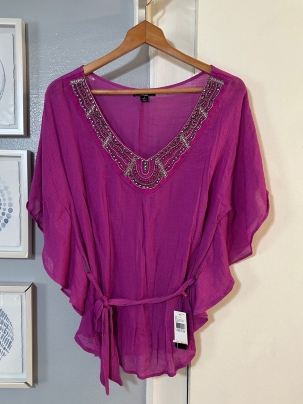 AGB Women’s Beaded V-Neck Tie-Waist Tunic Top Purple Size M
